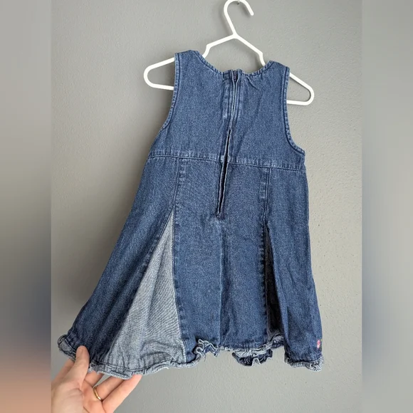Vintage 3T Denim Cotton Dress With Stitched Pink Flowers. Vintage Denim Dress 3T - Picture 6 of 7